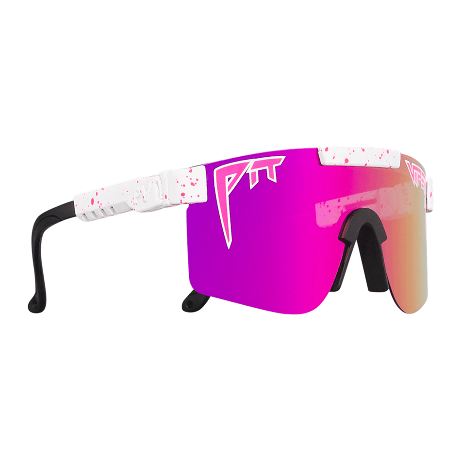 white pit viper sunglasses with ink speckles, black earpieces, black nose piece, pink lenses, pink and white logo