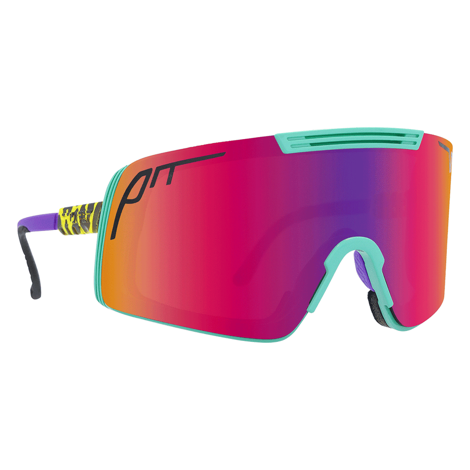 side view of pit viper sunglasses teal, with yellow and black leopard spots, purple and black earpieces, teal nose pieces, pink, purple, and orange lenses. black logo