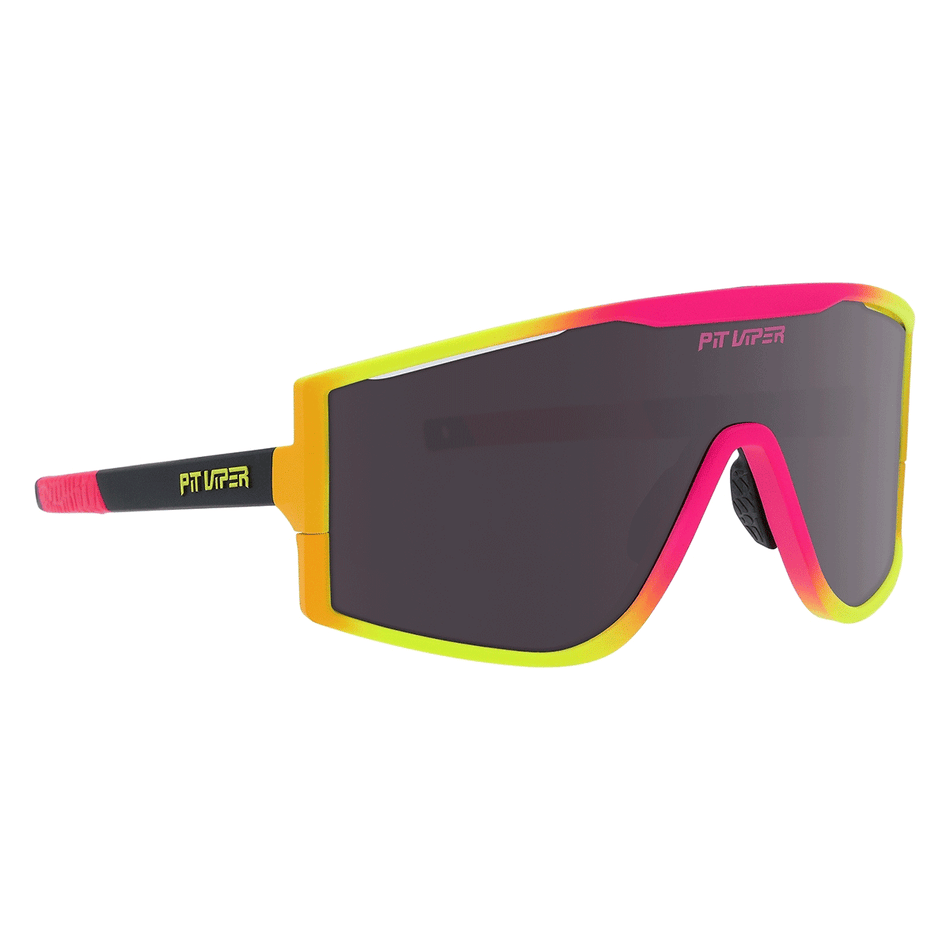 side view of the try hards pit viper sunglasses pink and yellow, with pink and black earpiece, pink nose piece, black lenses, pink logo