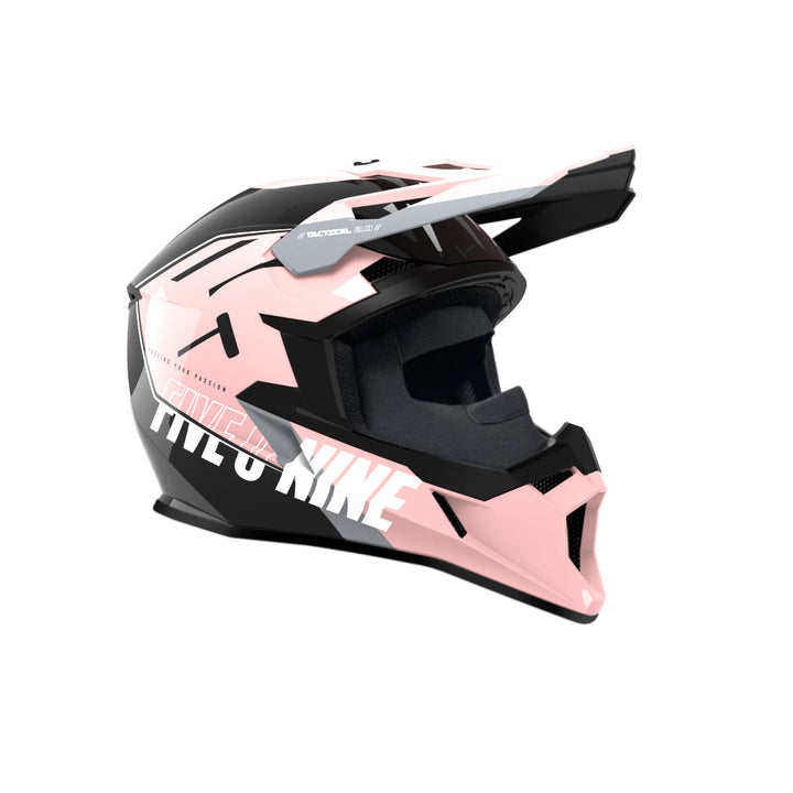 black helmet with rose pink accent and white logo