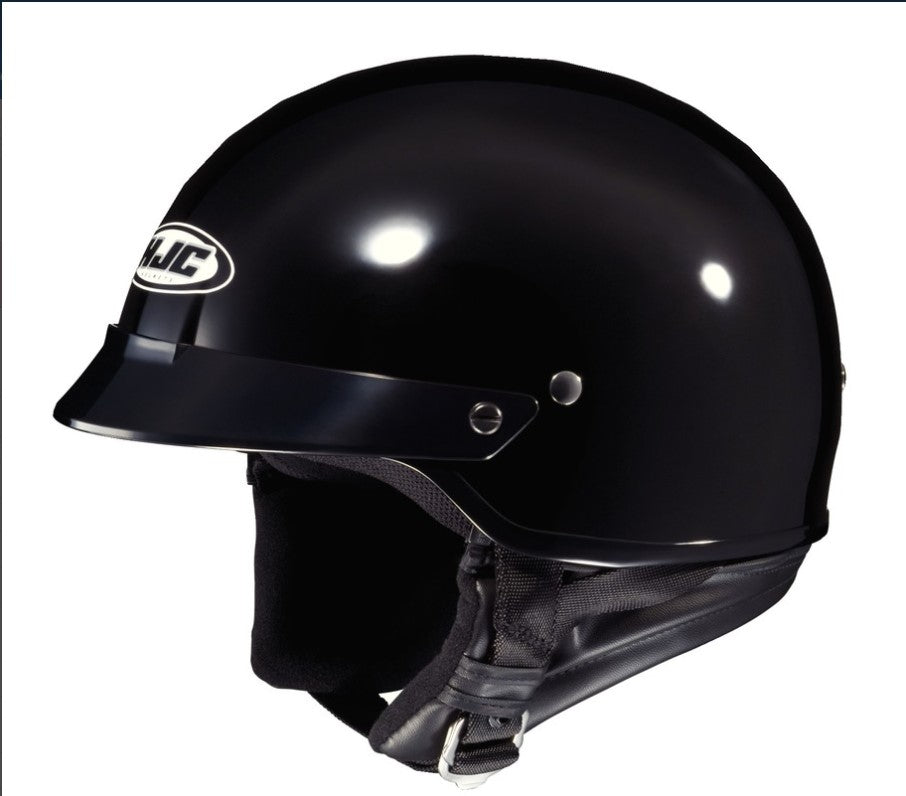 shiny black half helmet with white logo