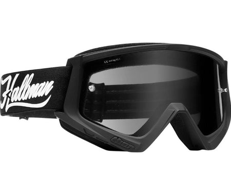 black hallman thor goggles, tinted lens, black strap, white hallman lettering on the side