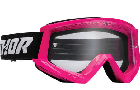 thor pink goggles, clear lens, black strap and white thor logo