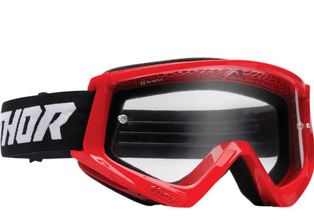 thor red goggles with clear lens, black strap and white thor logo