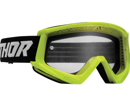 thor hi-vis green goggles, clear lens, black strap with white logo