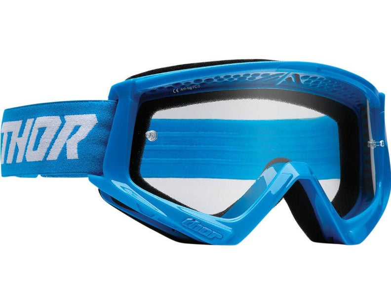 blue thor goggles, clear lens, blue strap, white logo