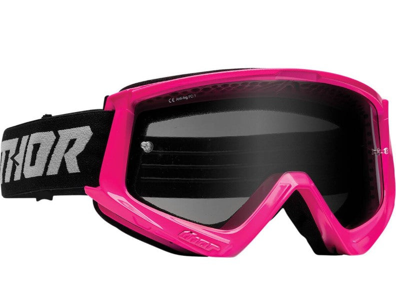 pink thor goggles, tinted lens, black strap, white logo