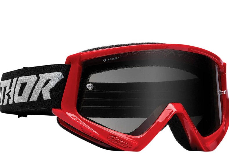 red thor goggles, tinted lens, black strap and white logo