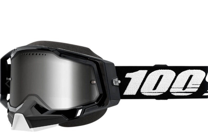 black goggles, tinted lens, black strap with white 100% lettering