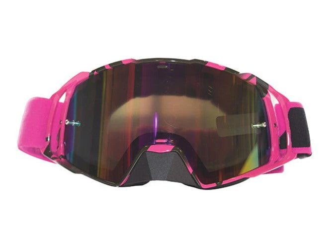 pink zoan goggles with tinted lens with pink strap and black lettering