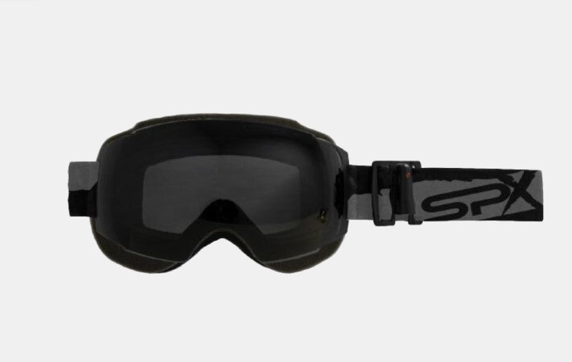 black goggles, black lens, black strap, black logo