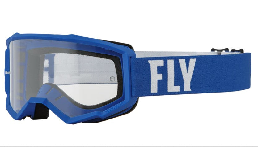 youth blue goggles with clear lens, blue strap and white logo