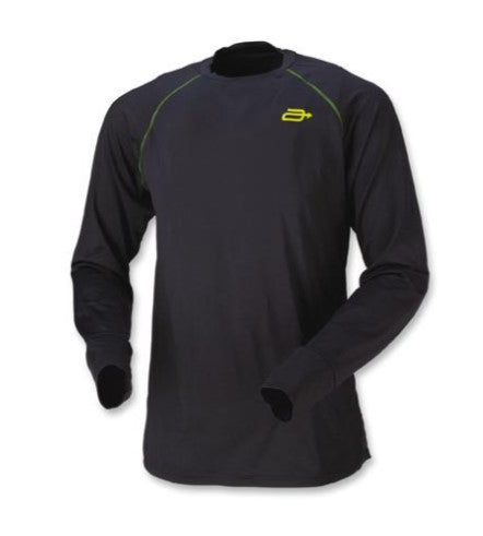 black long sleeve shirt with hi-vis green logo on chest and hi-vis green seams