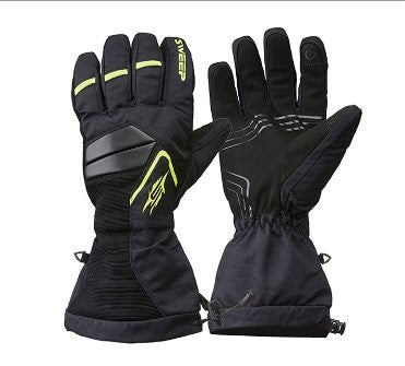 pair of black gloves with hi-vis green lettering