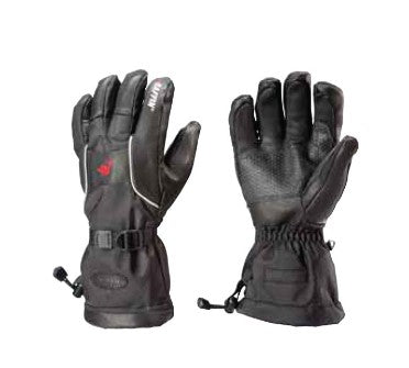 pair of black gloves with white piping and red logo 